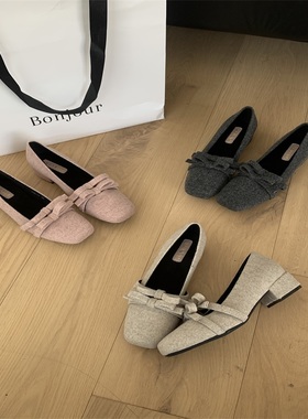 粗跟灰色蝴蝶结芭蕾风浅口单鞋女2025秋冬新款法式气质方头