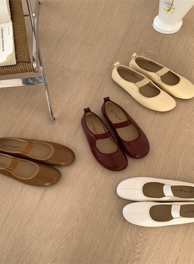 红色单鞋女平底法式复古软底奶奶鞋百搭软皮芭蕾玛丽珍鞋