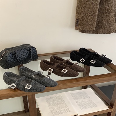 复古风毛呢粗跟单鞋子女2025年冬季方头水钻加绒保暖中跟玛丽珍鞋