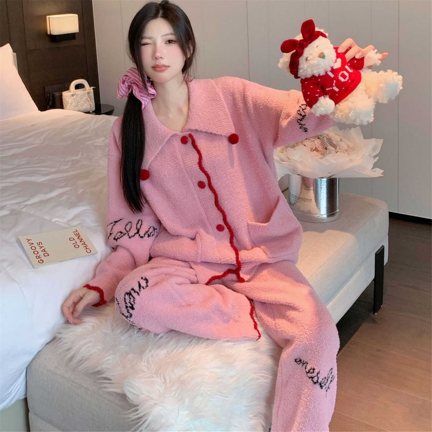 可外穿甜美字母软绵绵睡衣两件套秋冬新款保暖半边绒开衫家居服女