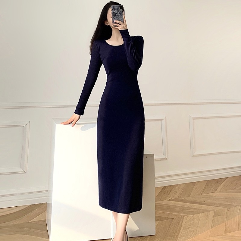 圆领长袖连衣裙女2025春季新款修身显瘦休闲长裙大码内搭打底裙子