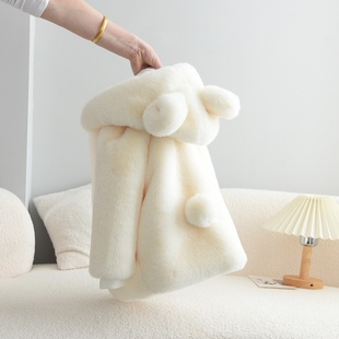 儿童皮草仿兔绒加绒加厚棉衣女童男童小宝宝连帽外套中长款 韩 冬季