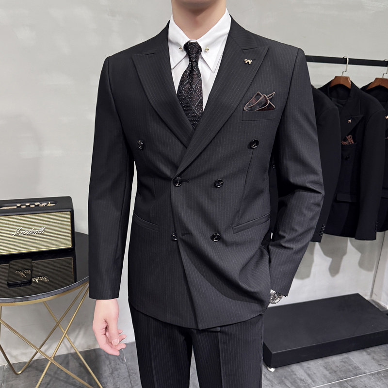雷蒙高级感黑色条纹西服男套装新郎结婚礼服修身双排扣西装两件套