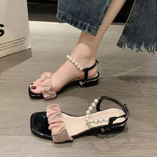 凉鞋女款夏季2025新款今年流行罗马平底韩系珍珠黑色一字带凉鞋