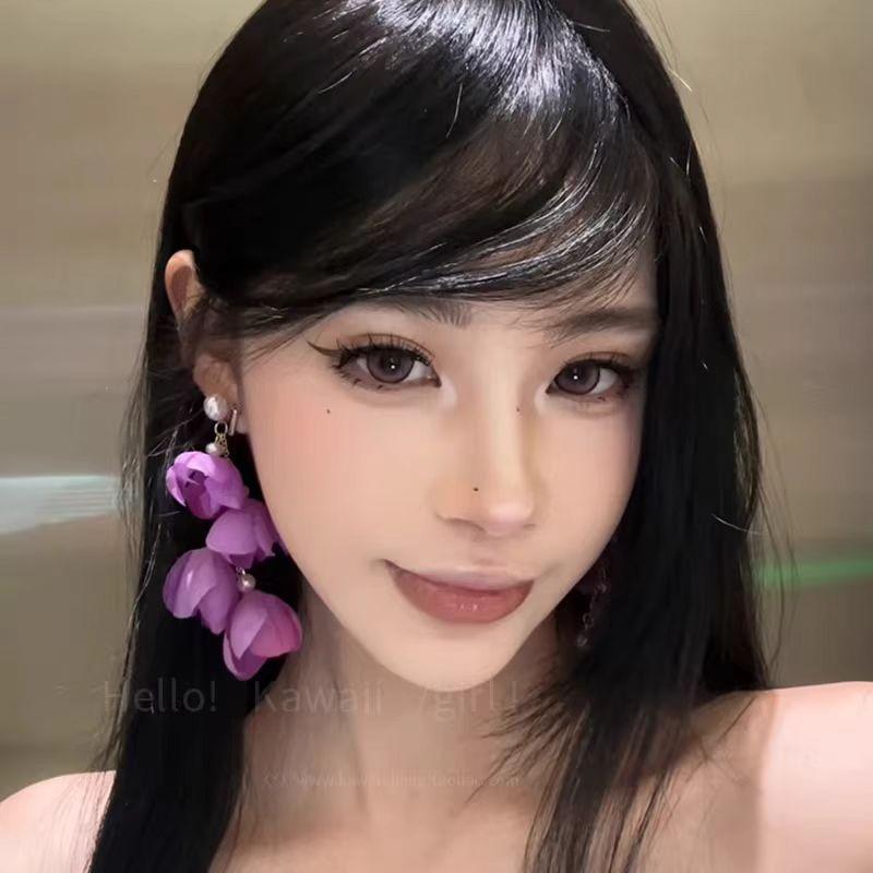 清冷感紫色长款花瓣流苏耳饰夸张