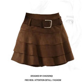 新款 大码 胖MM美拉德风高腰蛋糕半身裙女秋季 显瘦A字短裙腰带裙子