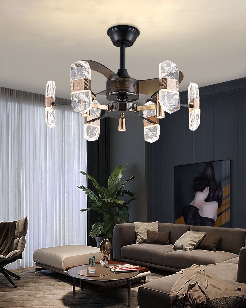 后现代新中式轻奢水晶风扇吊灯客厅餐厅家用吊扇灯吊顶风扇灯一体