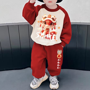 儿童新年套装2026新款男女童蛇年拜年服中小童春秋卫衣卫裤两件套