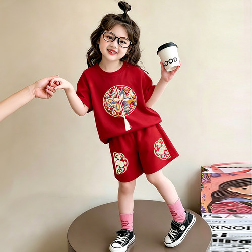 女童夏季套装纯棉宝宝短袖女孩夏天新款薄中国风仿刺绣时髦衣服潮