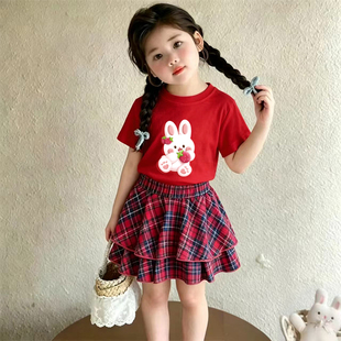 女童夏季套装2026新款儿童衣服夏天短袖T恤蛋糕裙宝宝洋气两件套