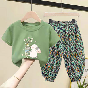 女童套装2025夏季装新款洋气韩版儿童短袖纯棉T恤防蚊长裤两件套