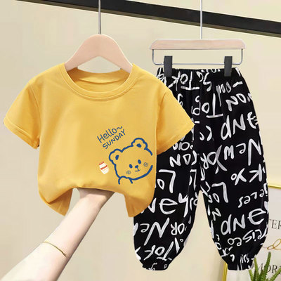 男女童套装夏装新款洋气韩版纯棉短袖T恤中小童宝宝长裤两件套潮