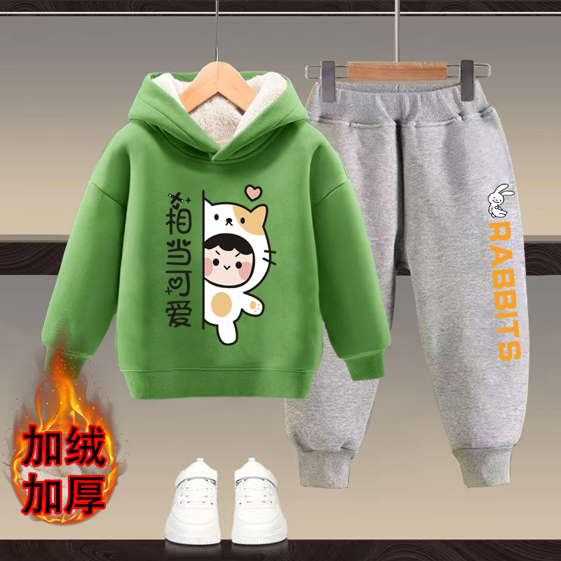 女童加绒连帽卫衣套装秋冬装新款洋气儿童加厚炸街套装宝宝两件套