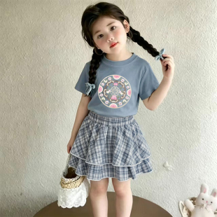 女童夏季套装2026新款儿童夏天国潮穿搭短袖T恤蛋糕裙中式两件套