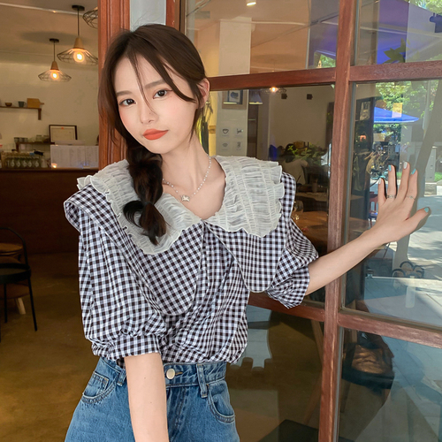 Real shooting and real price summer new French design sense of chic baby collar bubble short sleeve shirt