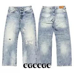 Double R~25SS Premium Okayama Selvedge Denim American Vintage Cat Whisker Wash Distressed Cut Distressed Loose Straight Pants