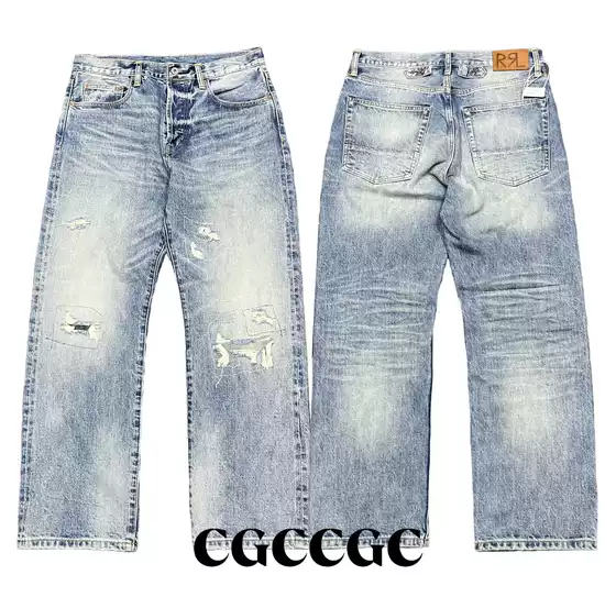 Double R~25SS Premium Okayama Selvedge Fabric American Vintage Cat Whisker Wash Distressed Cut Ripped Loose Straight Pants