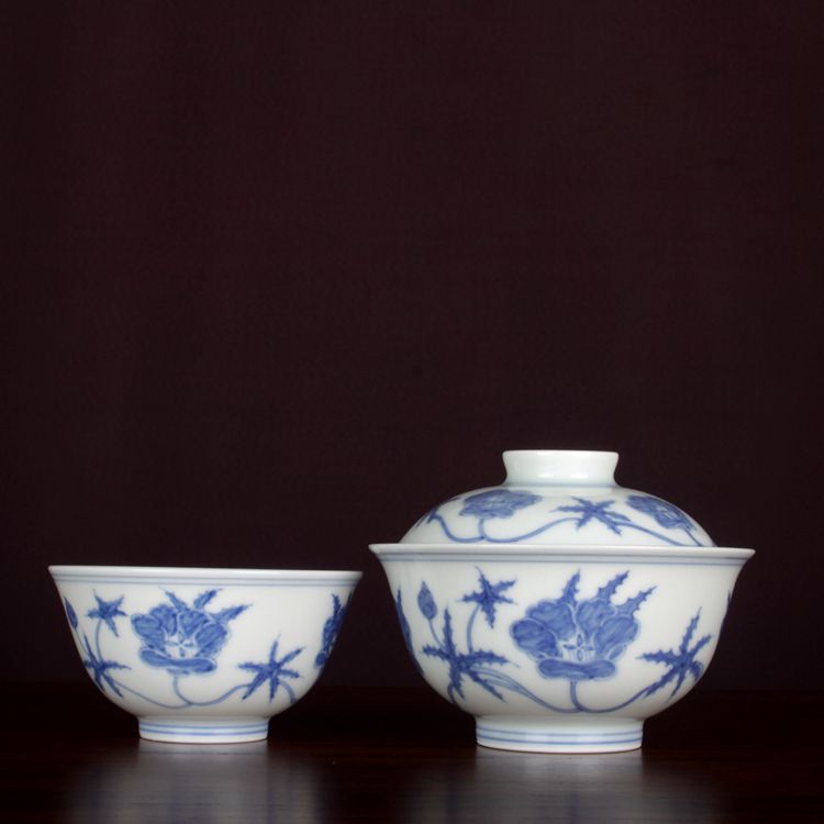 成化青花手绘秋葵盖碗茶杯