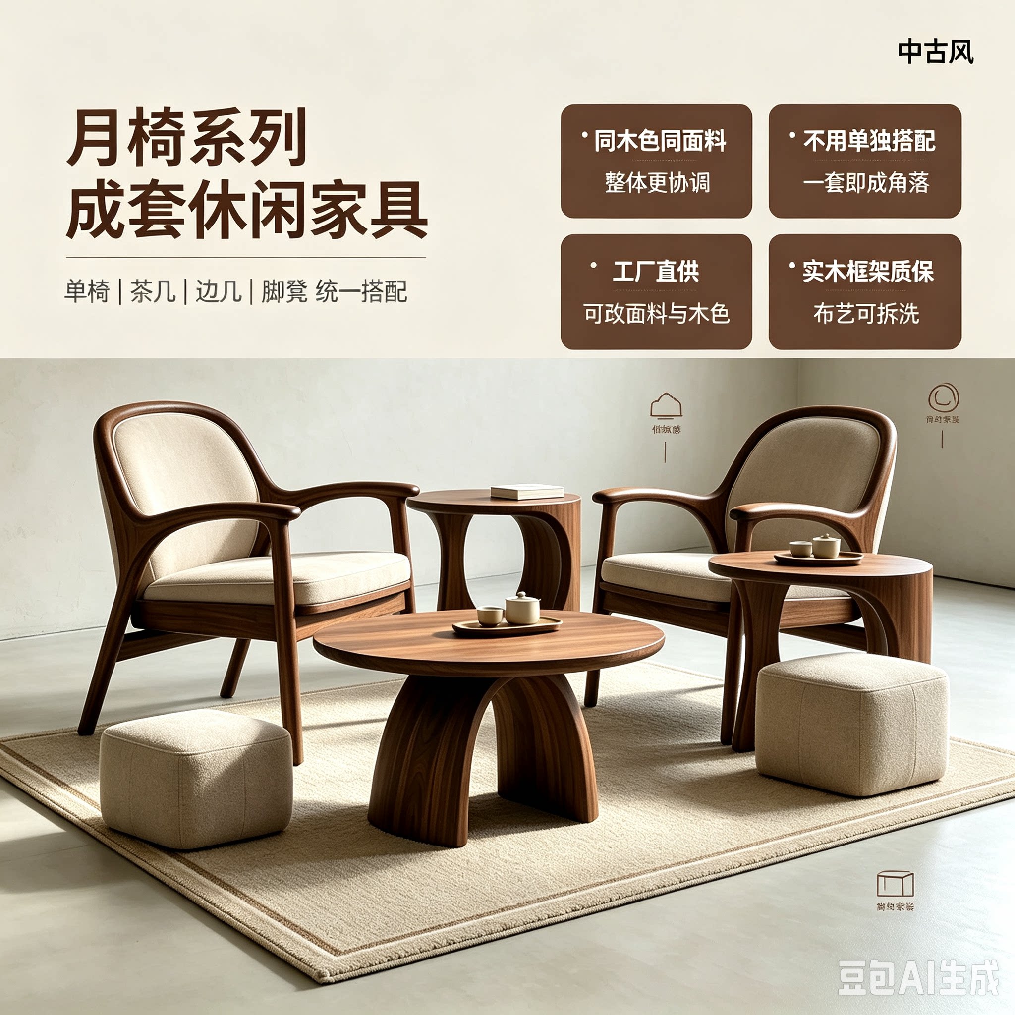 宋式美学实木休闲椅组合 胡桃木弧形扶手椅客厅成套阳台懒人椅