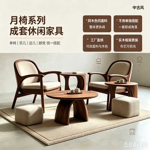 宋式美学实木休闲椅组合 胡桃木弧形扶手椅客厅成套阳台懒人椅