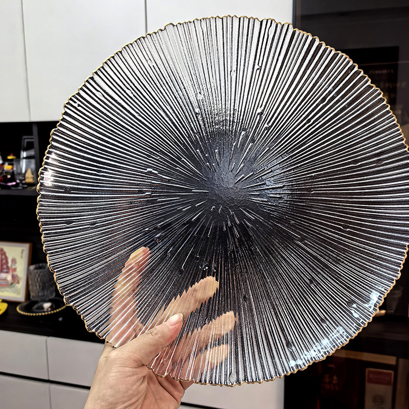 日式条纹玻璃盘网红家用透明餐具水果盘子西餐沙拉碗餐盘碟子精致