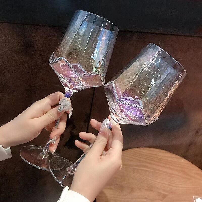 炫彩钻石玻璃高脚杯香槟杯红酒杯七彩氛围感酒具小仙女品酒杯