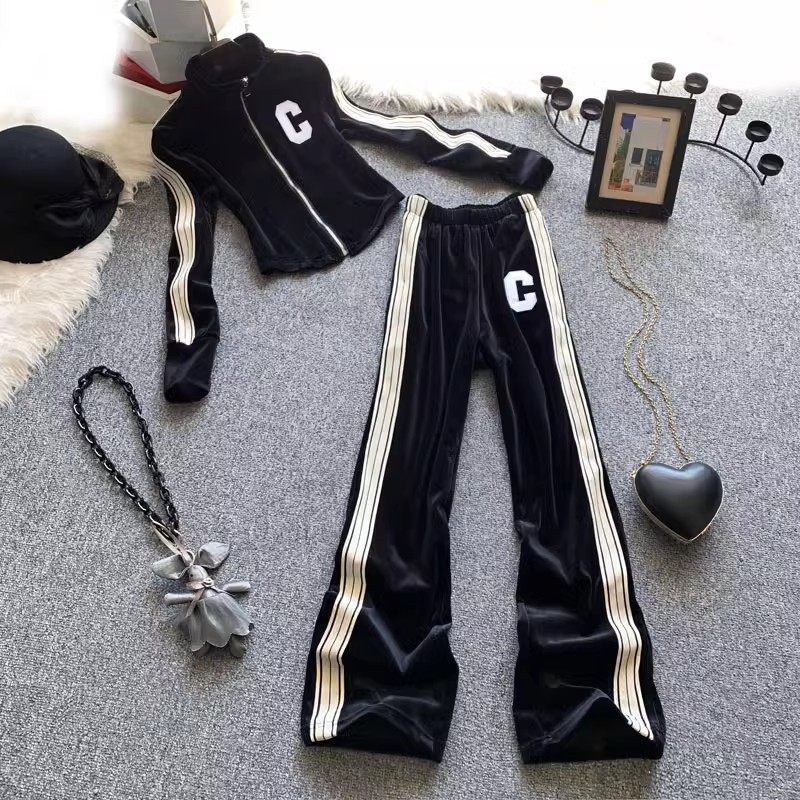 韩国休闲时尚运动金丝绒套装女高端新款秋季黑色立领卫衣两件套潮