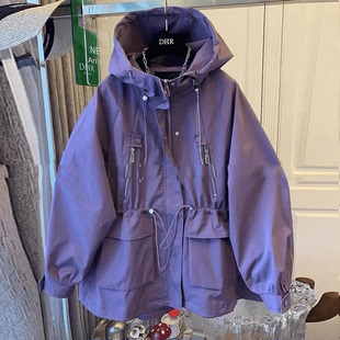 胖mm抽绳宽松中长款 紫色风衣外套女秋新款 连帽冲锋衣 女装 韩国大码