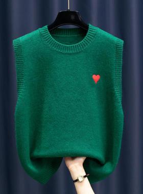 韩国春秋新款绿色马夹背心时尚针织马甲女圆领毛衣坎肩外穿秋冬潮