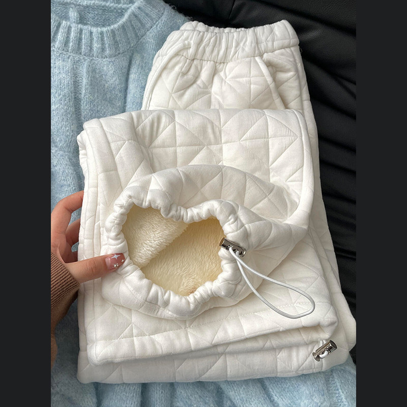 韩国小香风白色菱格休闲运动裤女加绒加厚冬新款高腰直筒束脚卫裤,女装/女士精品,卫裤,淘宝优惠券,粉丝福利购,淘宝优惠卷