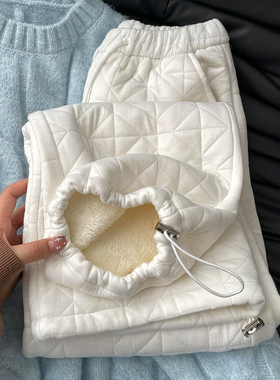 韩国小香风白色菱格休闲运动裤女加绒加厚冬新款高腰直筒束脚卫裤