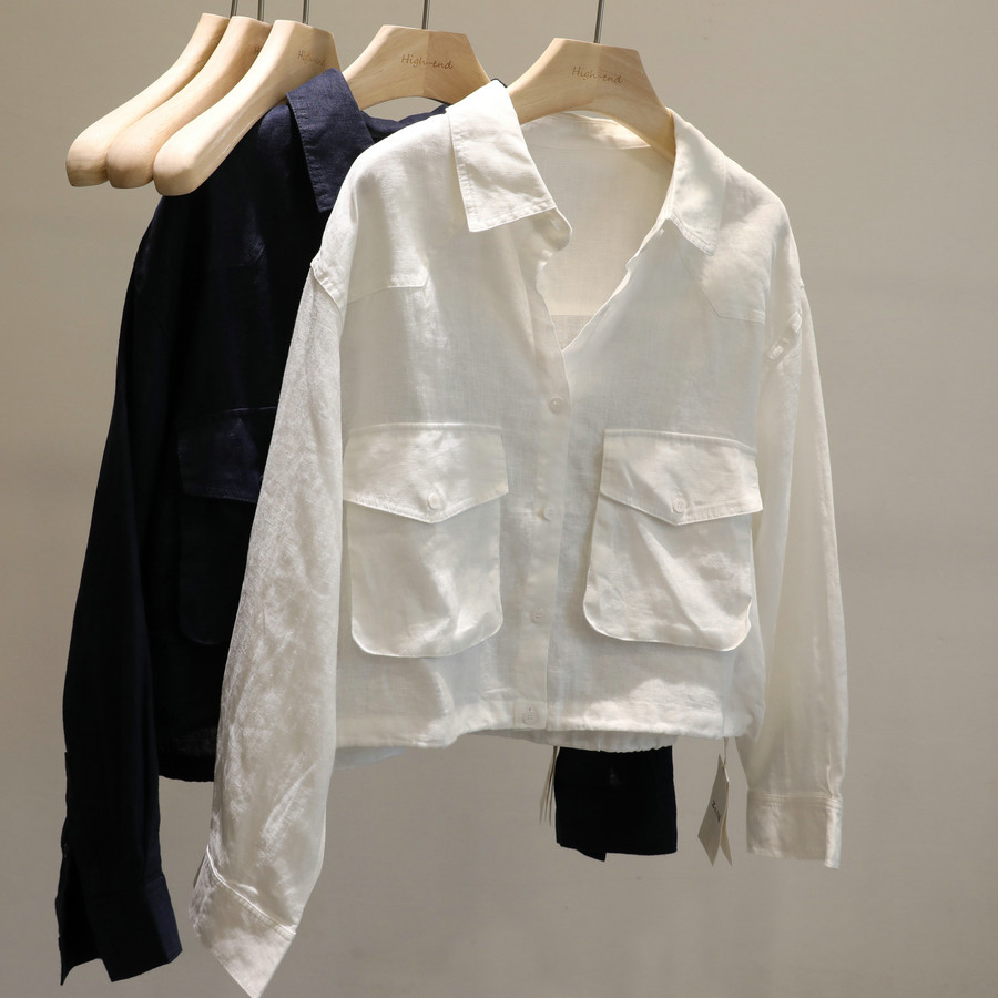 高级感2025秋款双口袋下摆抽绳亚麻衬衫女宽松小个子短款白色外套