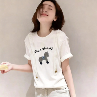 T恤女超好看宽松上衣夏 印花短袖 韩国高奢棉今年流行爆款 镂空披肩