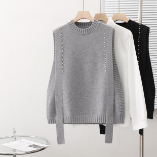钉珠套头羊毛针织马甲背心女2024春秋新款 宽松洋气叠穿毛衣坎肩冬