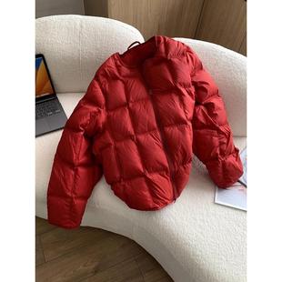 韩国糖果色圆领爆款白鸭绒小方格子短款外套冬季红色羽绒服面包服