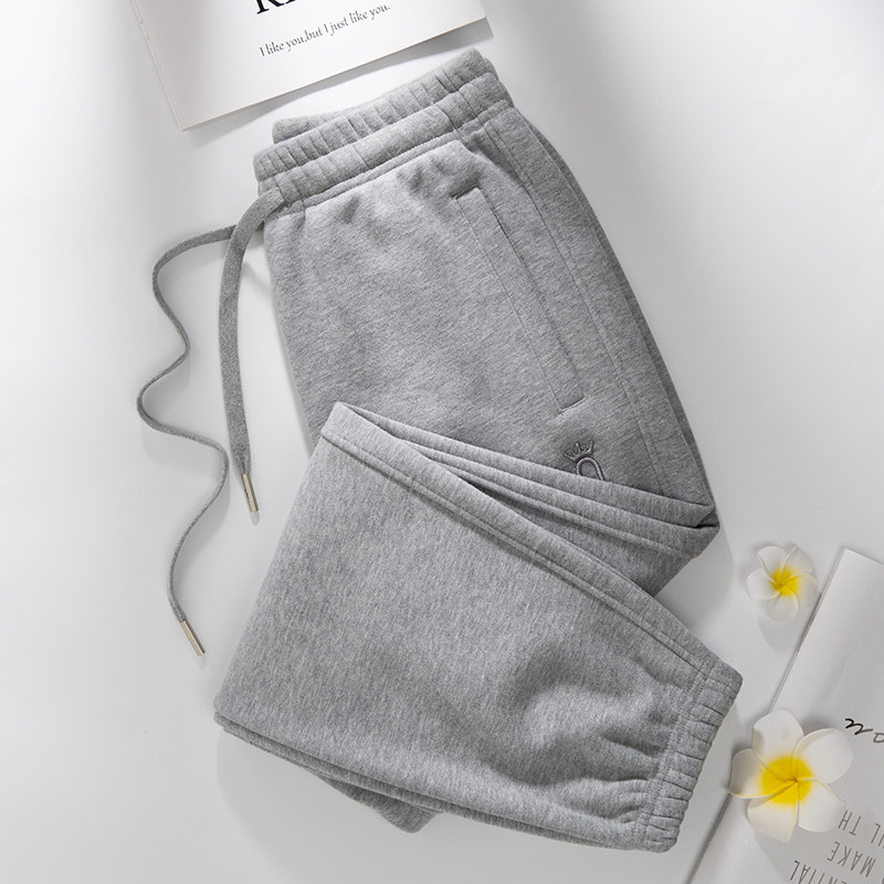 韩国浅灰色加绒加厚运动裤女春秋冬新款纯棉女高腰保暖大码卫裤潮