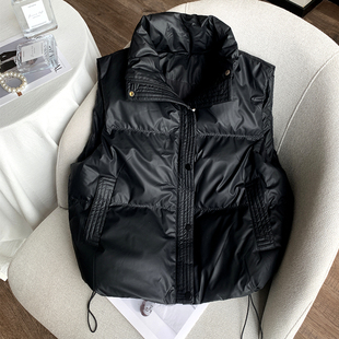 韩国小个子哑光黑色皮羽绒服马甲背心外套短款白鸭绒马夹女秋冬新