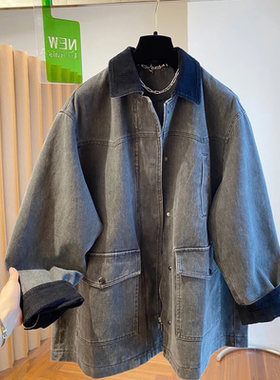 韩国大码胖mm显瘦拼接深灰色牛仔外套女春秋24新款翻领中长款上衣