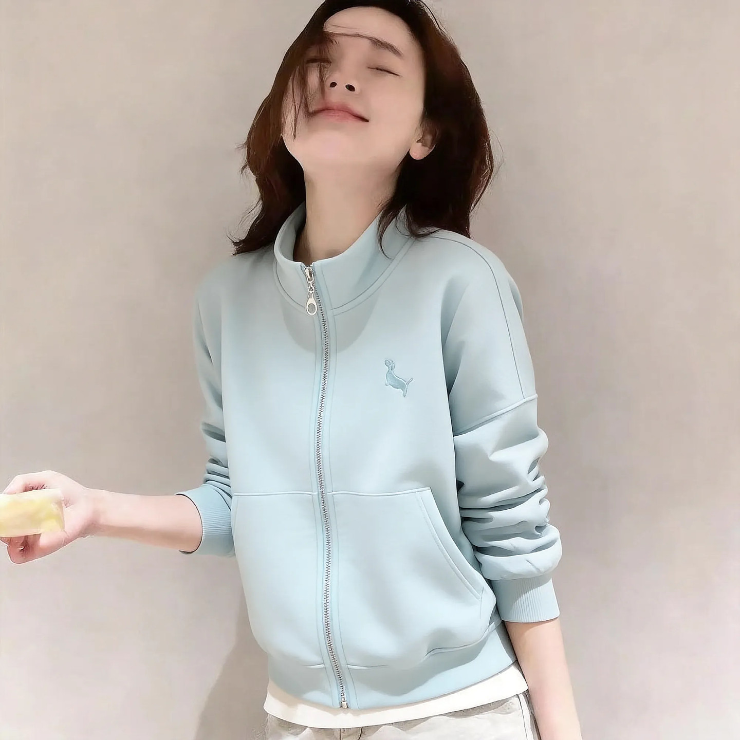 韩国立领拉链开衫卫衣女春秋薄款运动宽松浅蓝色夹克衫短款外套潮