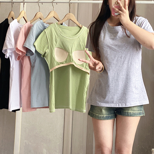 纯棉睡衣单上衣女带胸垫t恤夏季短袖宽松显瘦纯色瑜伽外穿家居服