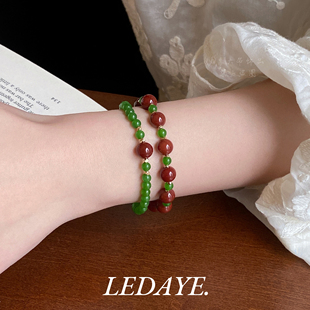 李大爷的店 天然红玛瑙碧玉玉髓新中式国潮手串撞色气质手链女