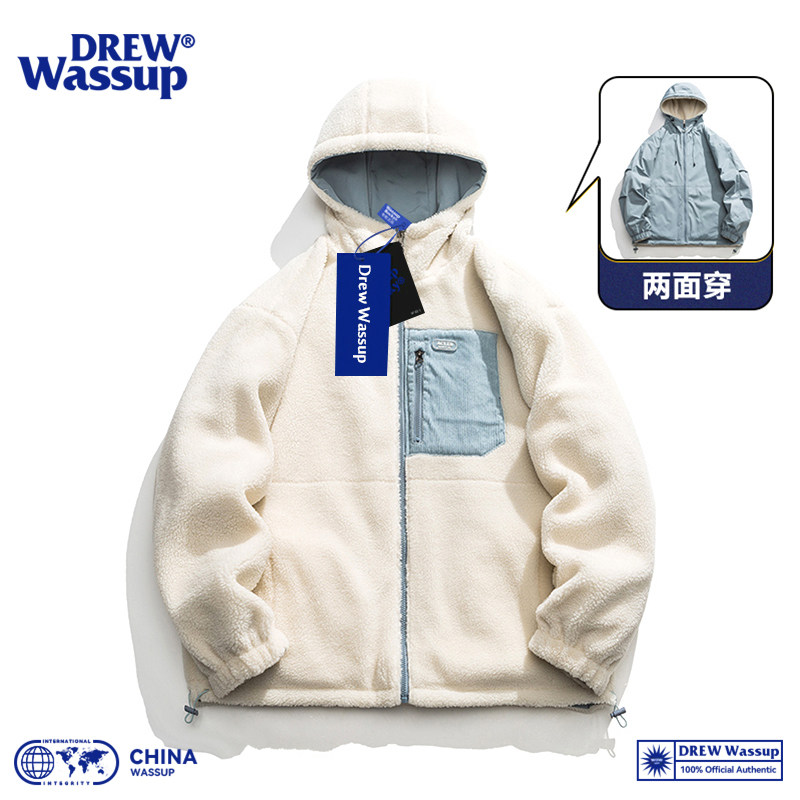 DREW WASSUP美式复古连帽两面穿羊羔毛棉衣男冬季情侣冲锋衣外套