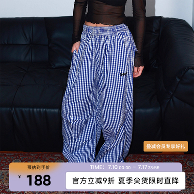 SUAMOMENT抓痕慵懒格纹刺绣伞兵裤男女夏季宽松休闲裤情侣长裤潮