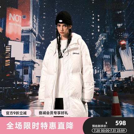 SUAMOMENT抓痕草写logo印花插肩袖长款羽绒服男女秋冬棉服上衣