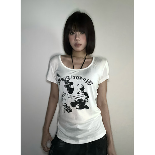 莱赛尔印花U领宽松显瘦T恤女