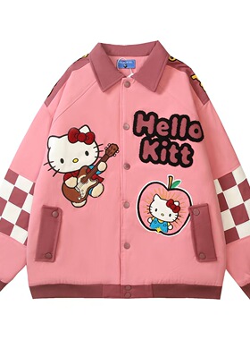 chaonimei趣味猫咪卡通刺绣撞色格子翻领夹克男女情侣bf保暖棉服
