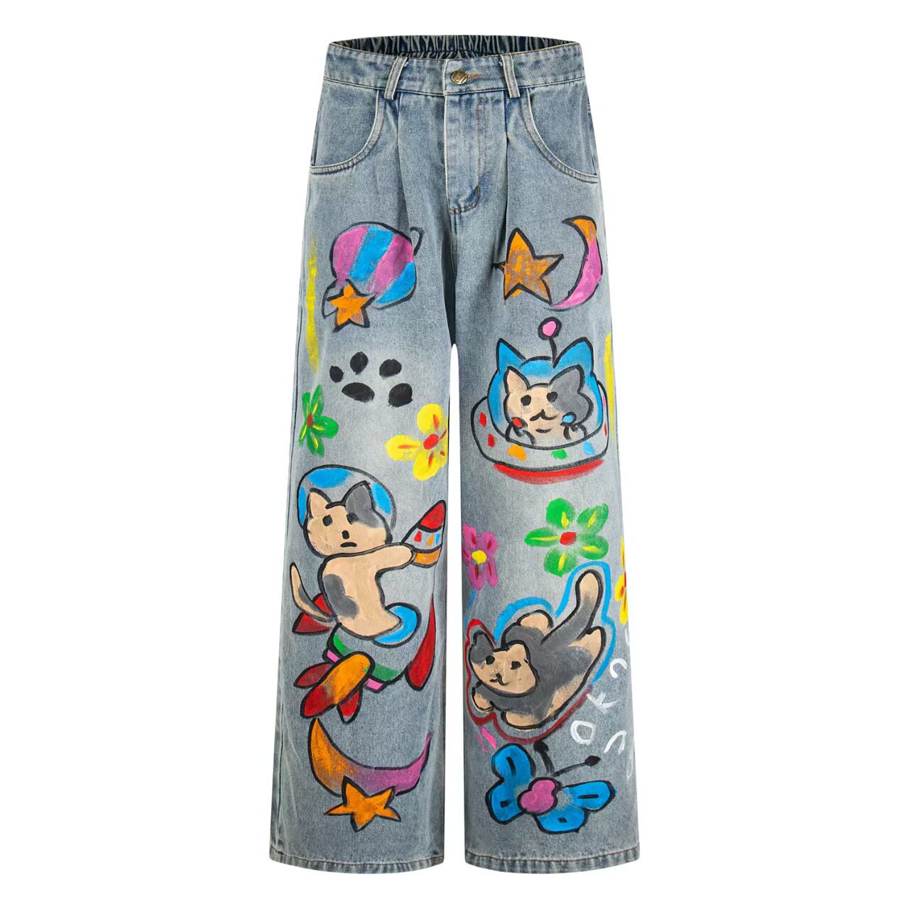 chaonimei手绘涂鸦牛仔裤男女夏季宽松阔腿卡通猫咪印花垂感长裤