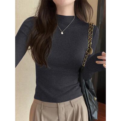 灰色半高领长袖针织衫女