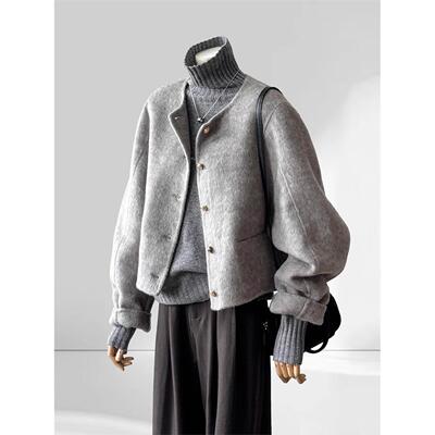 短款灰色双面羊绒毛呢子