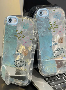 适用苹果6/7/8plus手机壳iPhonex新款镜面12/13mini可爱15Pro防摔16ProMax全包6s蓝色海洋世界14plus保护套11
